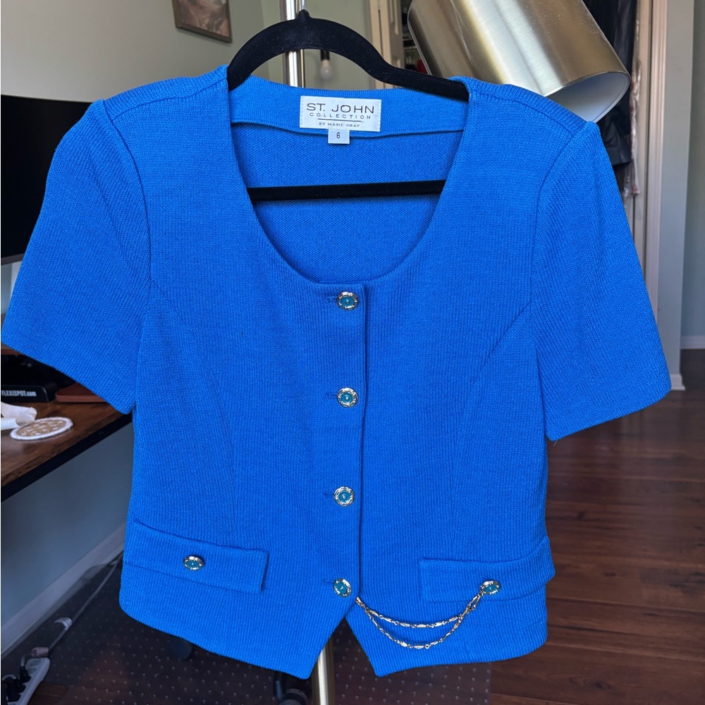 St. John Blue Short Sleeve Cardigan